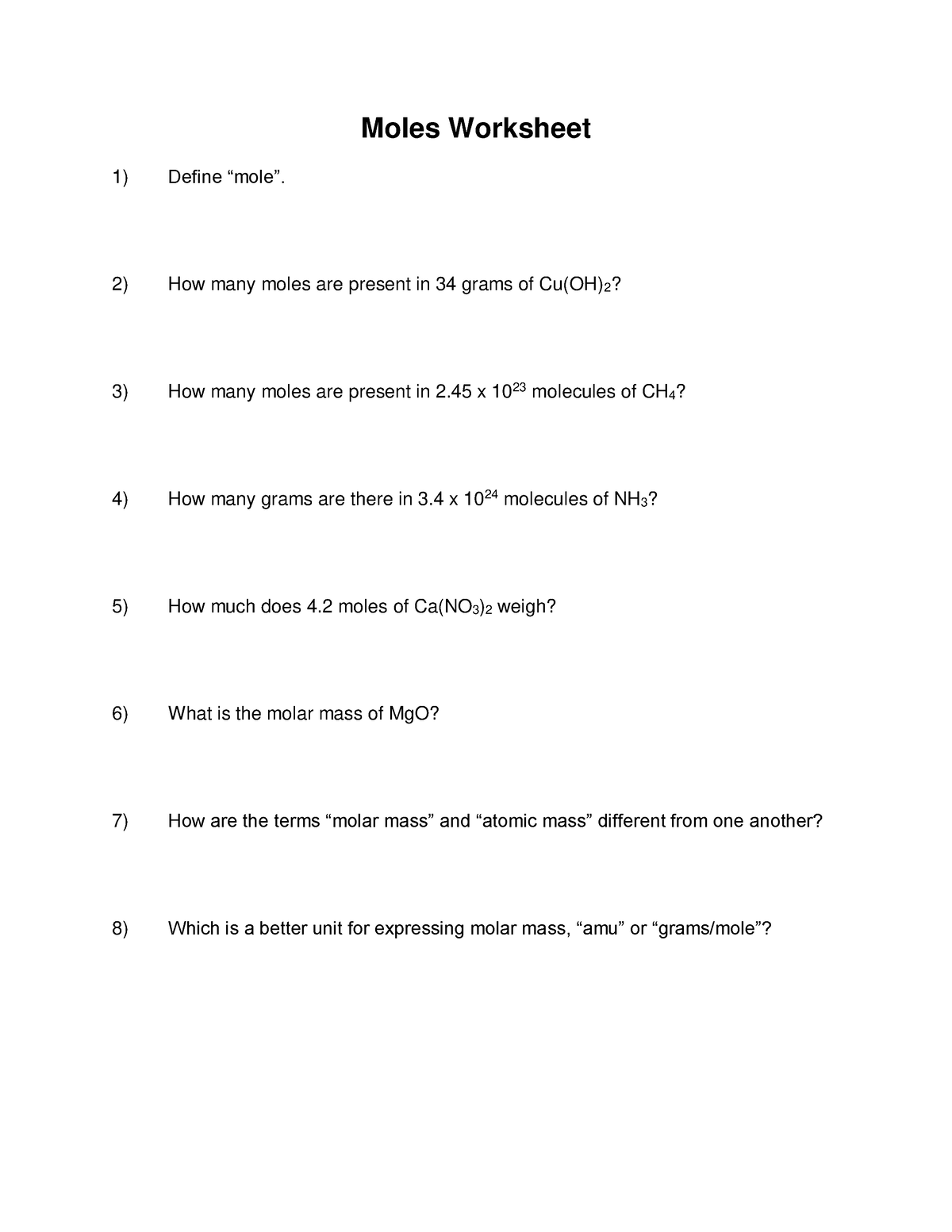 CHM 110 Moles Molecules Atoms And Grams Worksheet Moles 