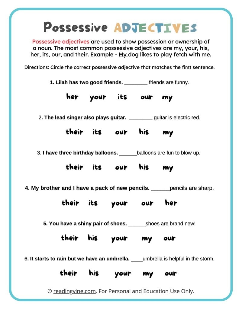 possessive adj worksheet