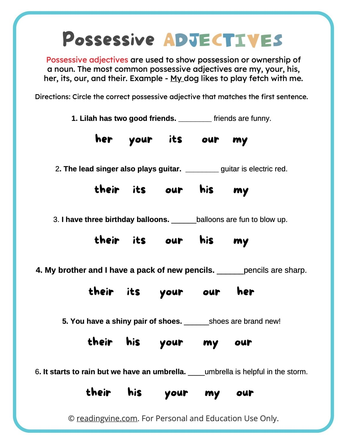 possessive adjectives worksheets