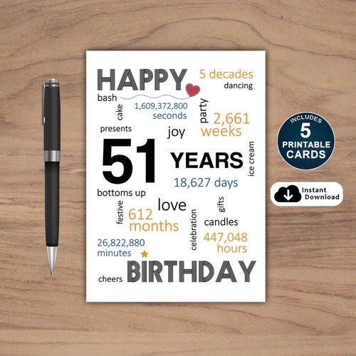 Clever Studio Art 51st Birthday Card Printable