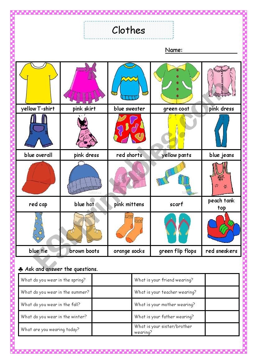 esl clothes worksheet printable