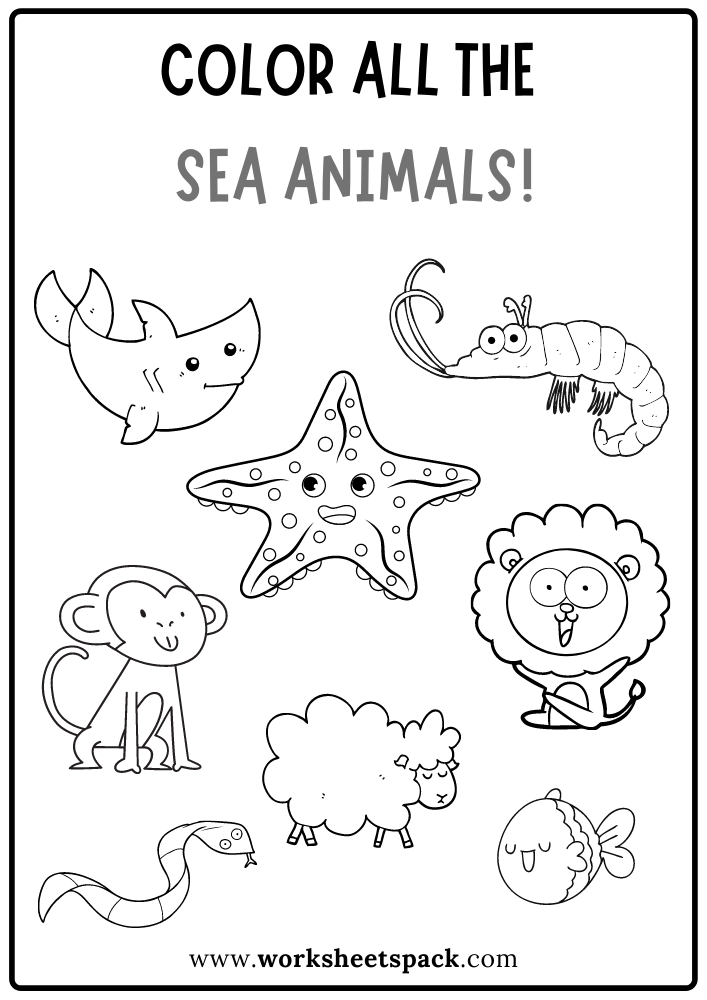 Color All The Sea Animals Worksheet Free Sea Animals Coloring Book PDF