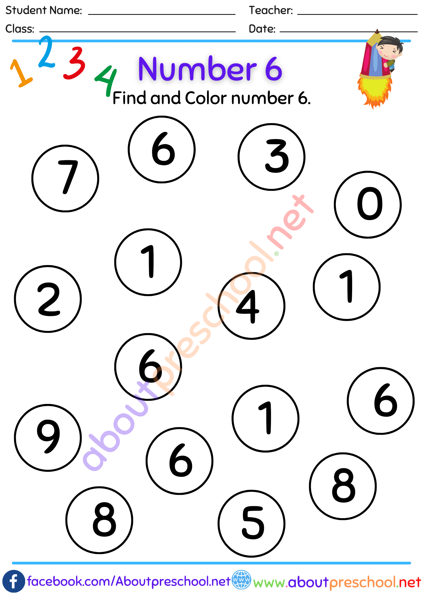 Color Number 6 Worksheet About Preschool