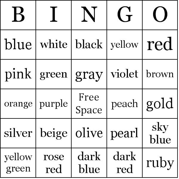 Colors Bingo Cards
