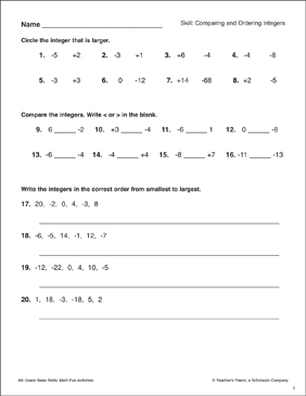Comparing And Ordering Integers Printable Skills Sheets Worksheets 