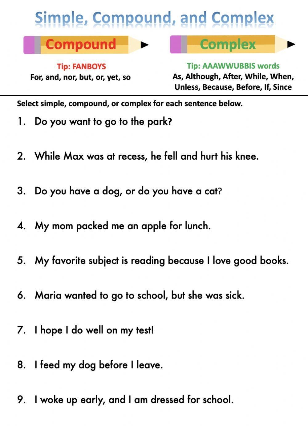 sentences simple compound and complex worksheet