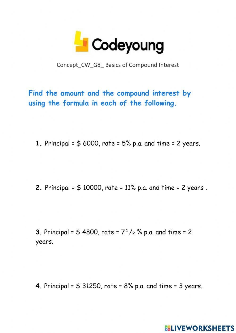 Concept CW G8 Basics Of Compound Interest Worksheet Live Worksheets 