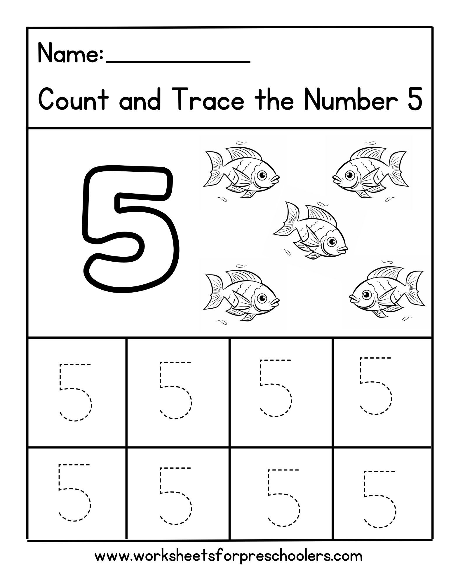 Count And Trace Number 5 Worksheet Preschool Fish