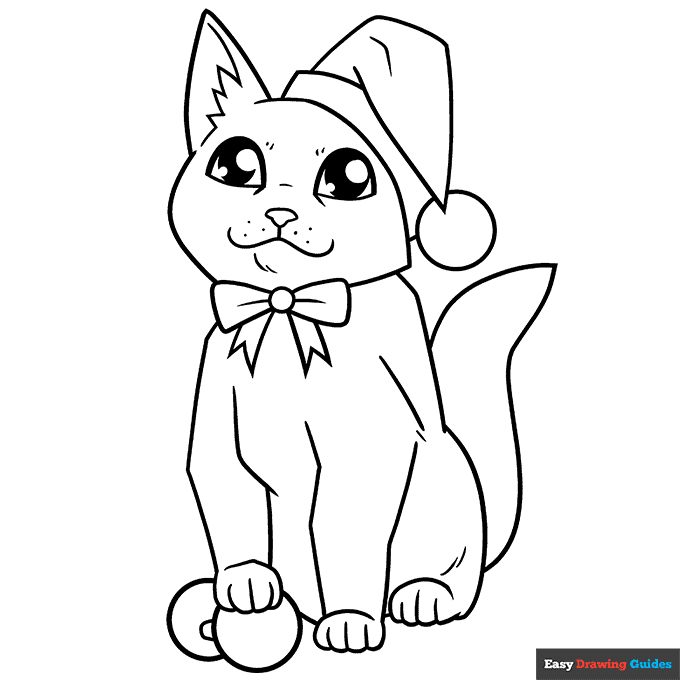 Cute Christmas Cat Coloring Page Easy Drawing Guides