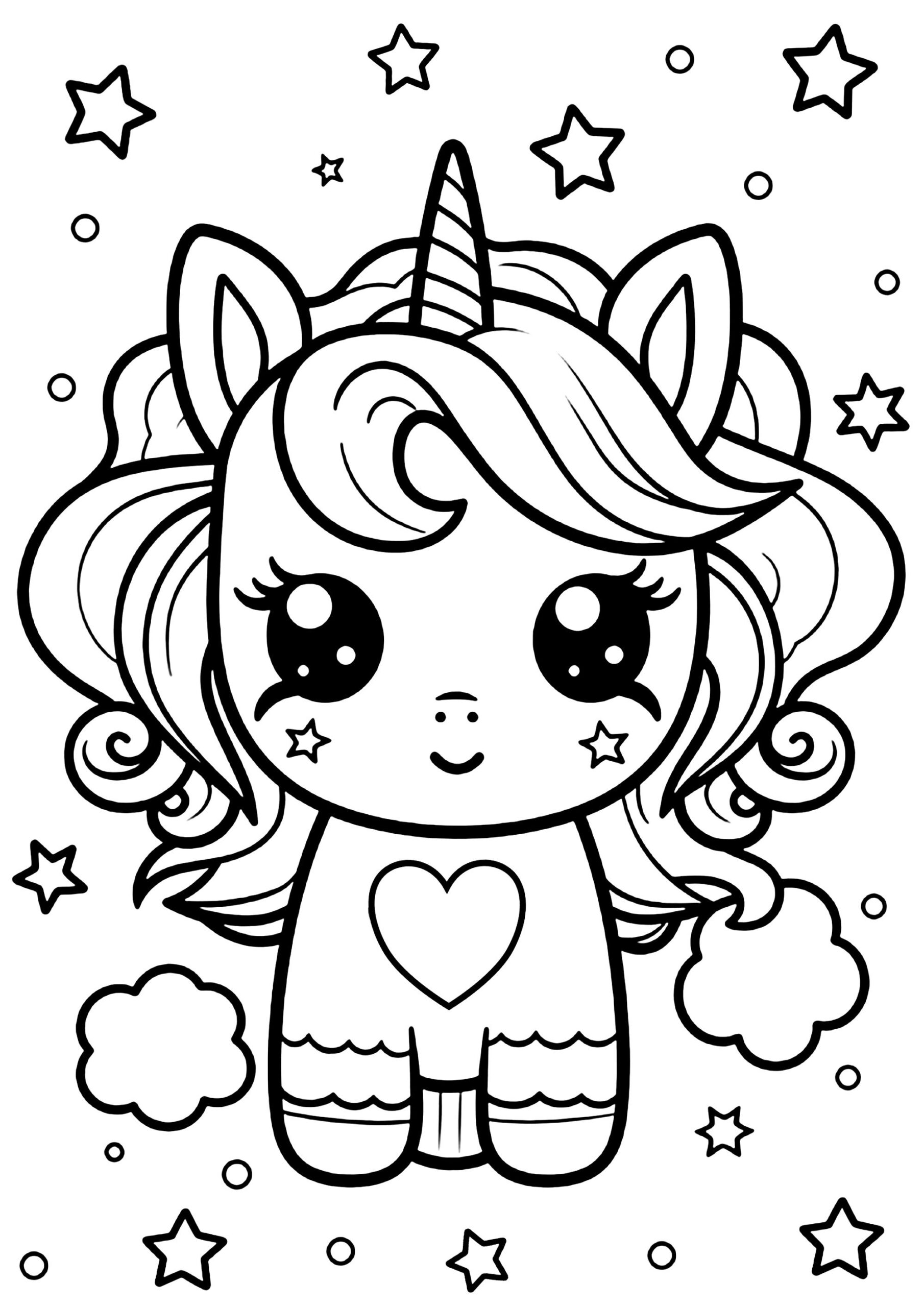 Cute Kawaii Unicorn With Stars Around Her Unicorn Coloring Pages For 