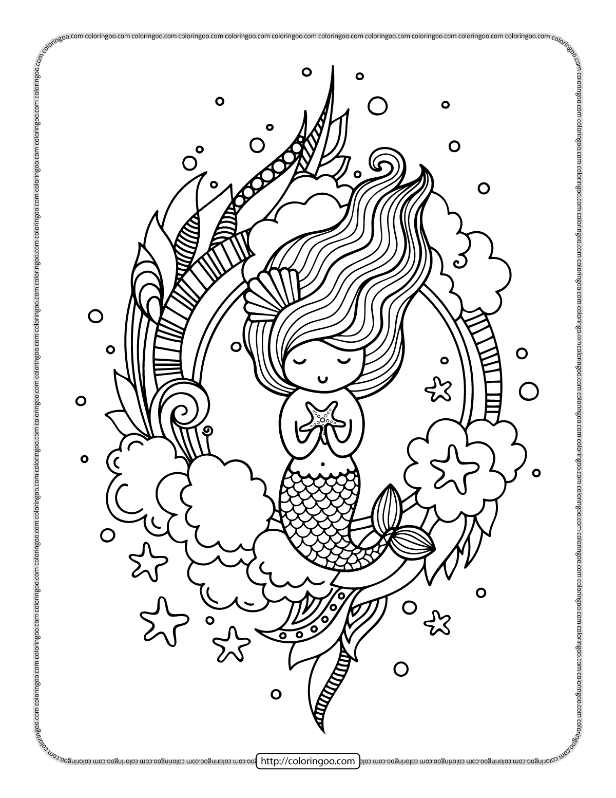 Cute Mermaid With Starfish Coloring Page