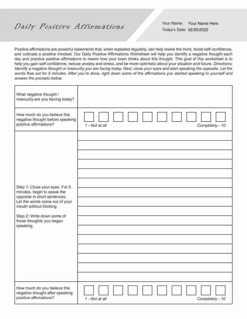 Daily Positive Affirmations Worksheet PDF