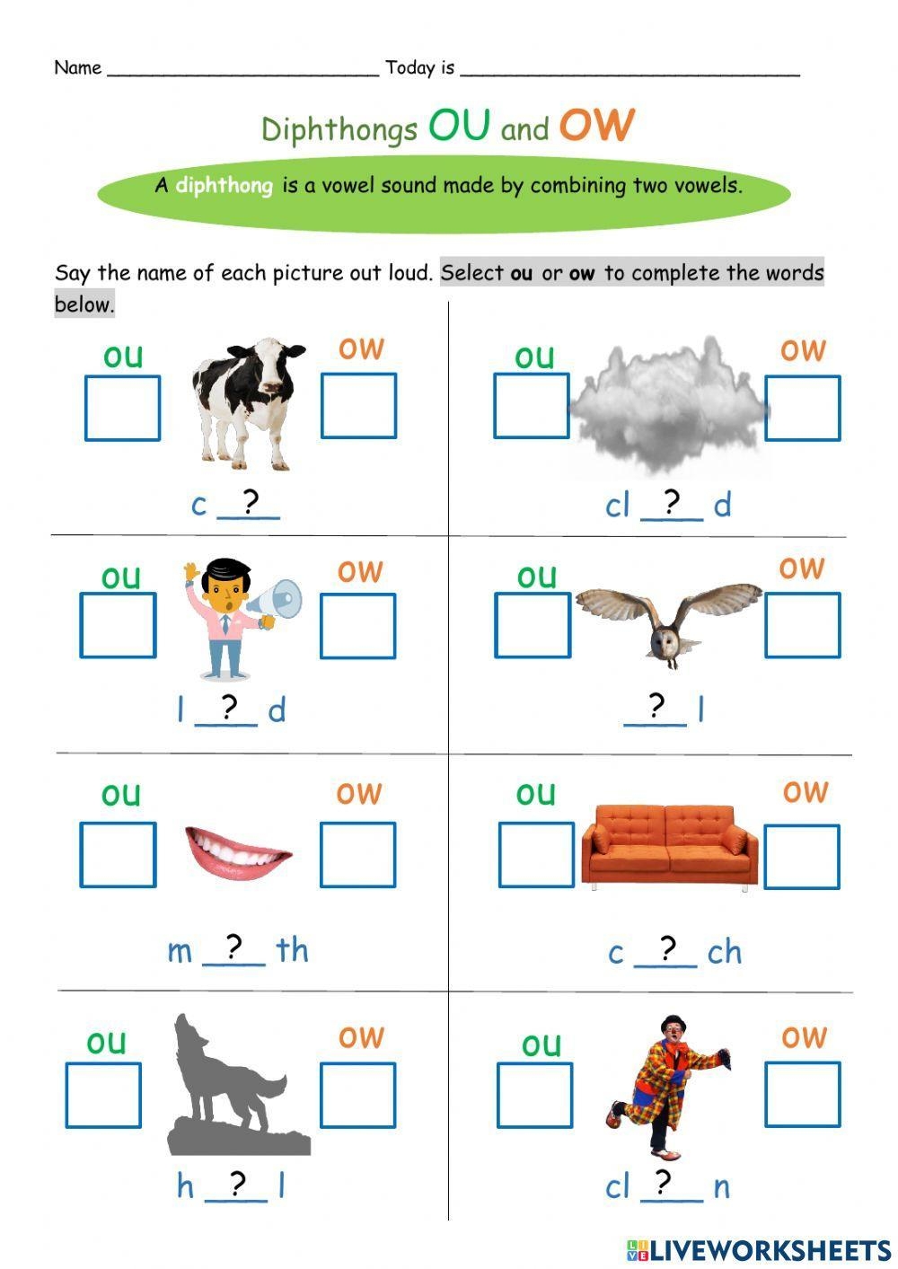 Diphthongs ou ow Worksheet Phonics Worksheet Live Worksheets 