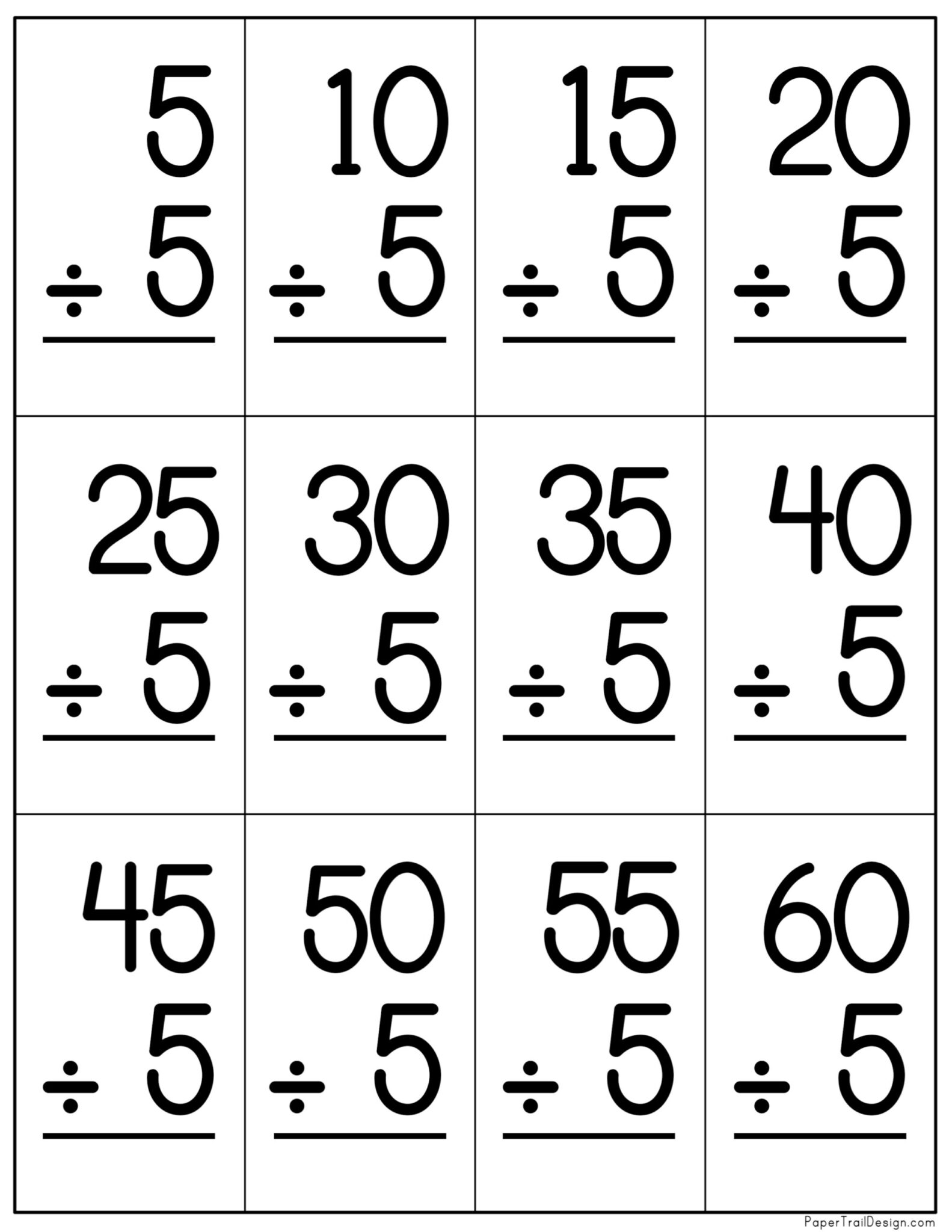 4th grade division flash cards printable