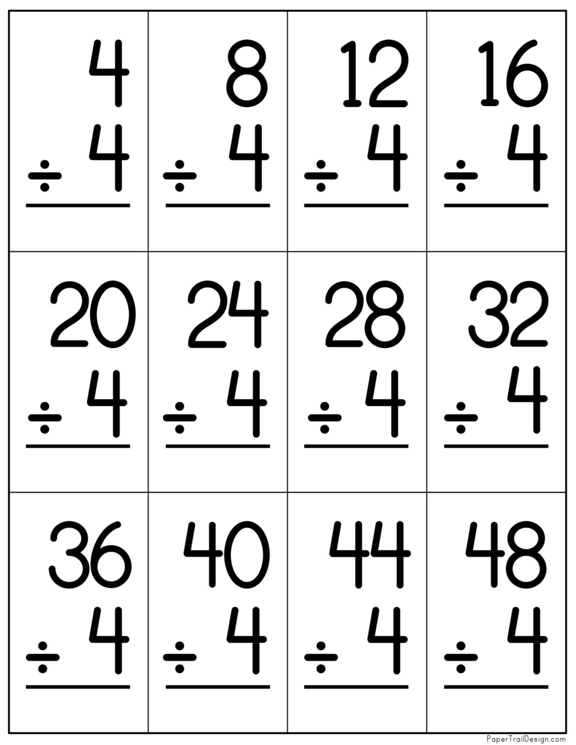 Division Flash Cards Printable Paper Trail Design