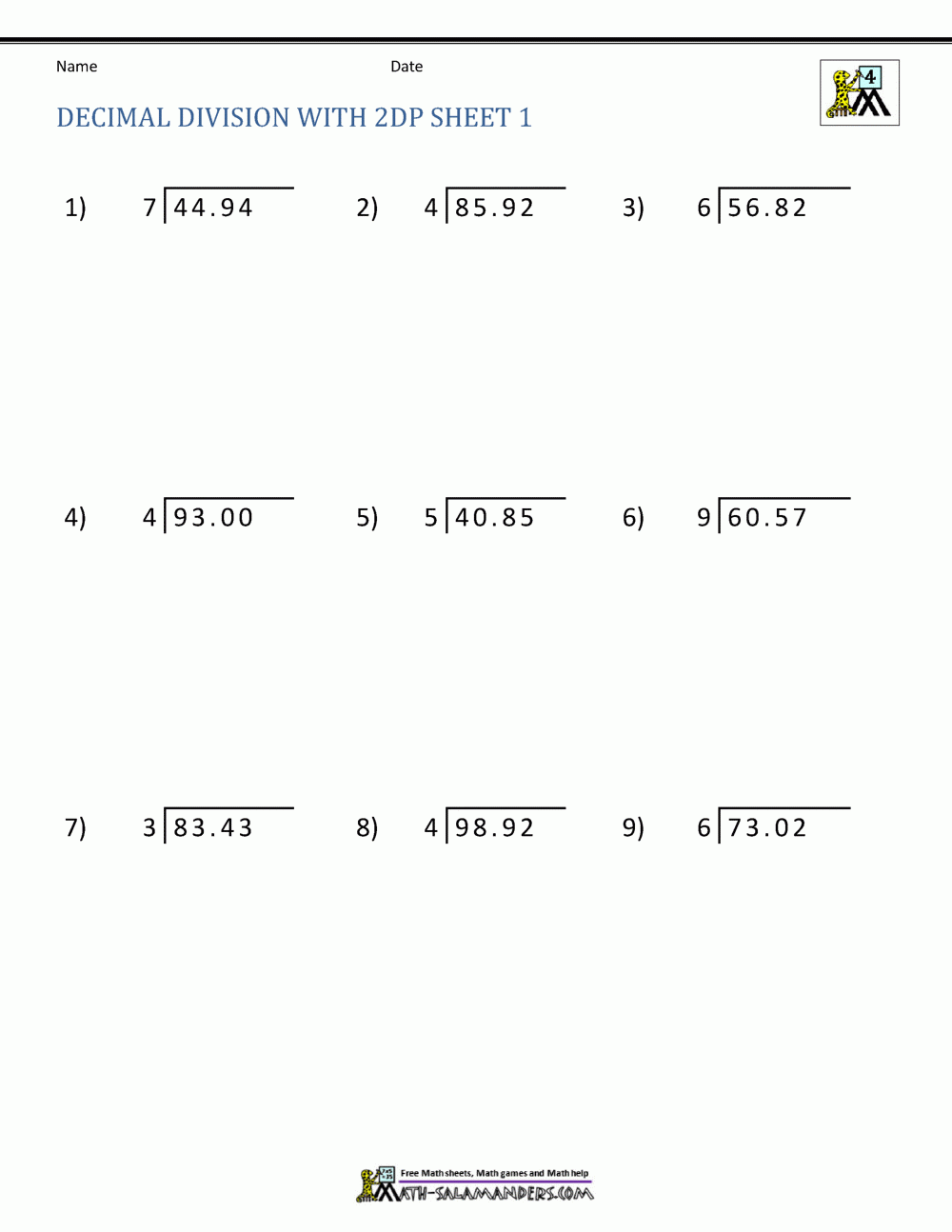 long division worksheets decimals