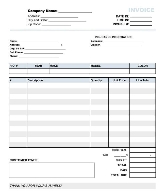 Downloadable Free Printable Auto Repair Invoice Template Printable 