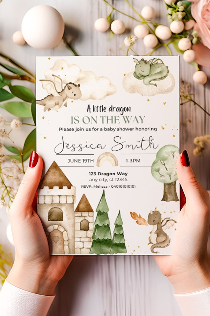 Dragons Baby Shower Birthday Invitation Evite Custom Invitation 