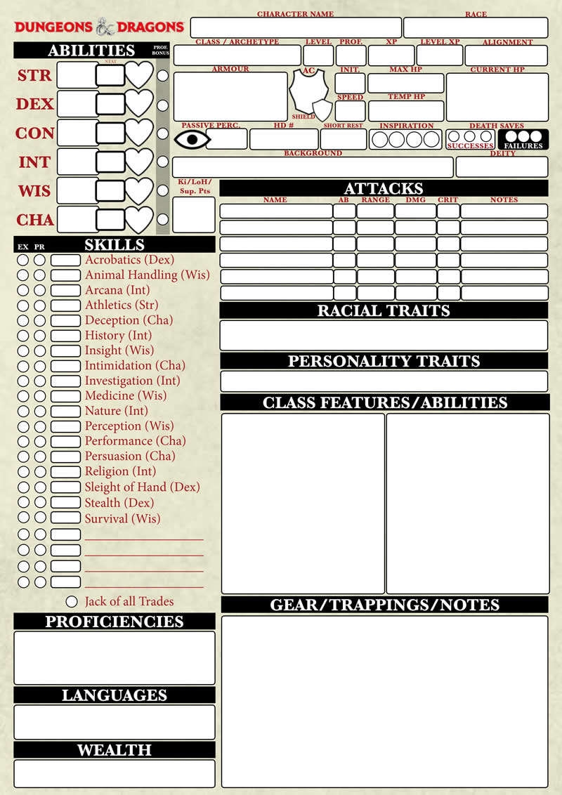 5th edition dungeons and dragons printable cards