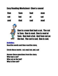 Easy Reading Worksheet Short A Sound Worksheet For 2nd 3rd 
