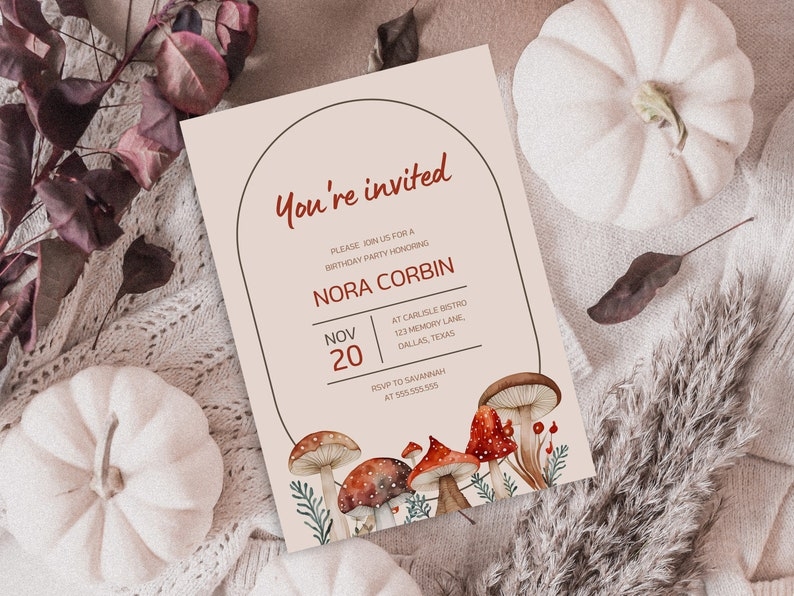 Editable Invitation Template Mushroom Birthday Invite Canva 