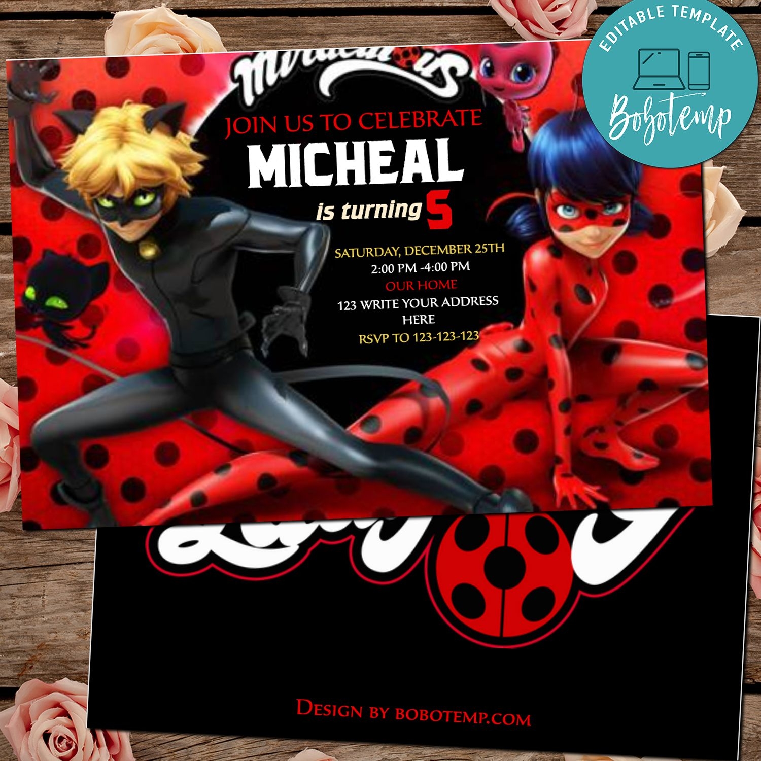Editable Miraculous Ladybug Birthday Invitations Digital File Bobotemp