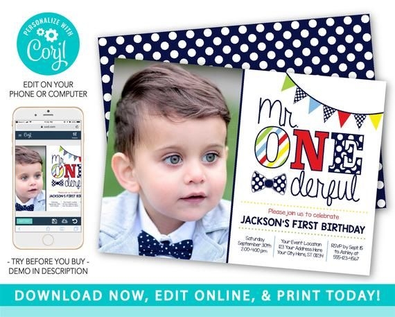 Editable Mr Onederful Invitation Template Mr Onederful Etsy Boy 
