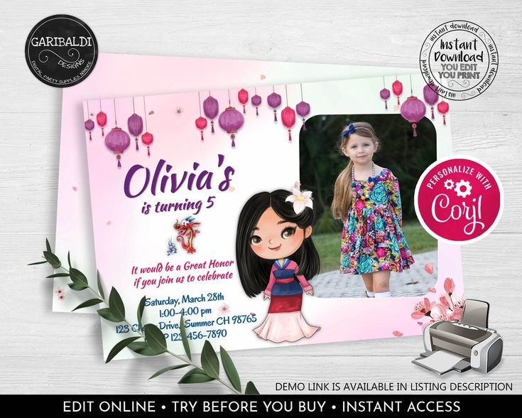 Editable Mulan Invitation Printable Mulan Photo Invitation Instant