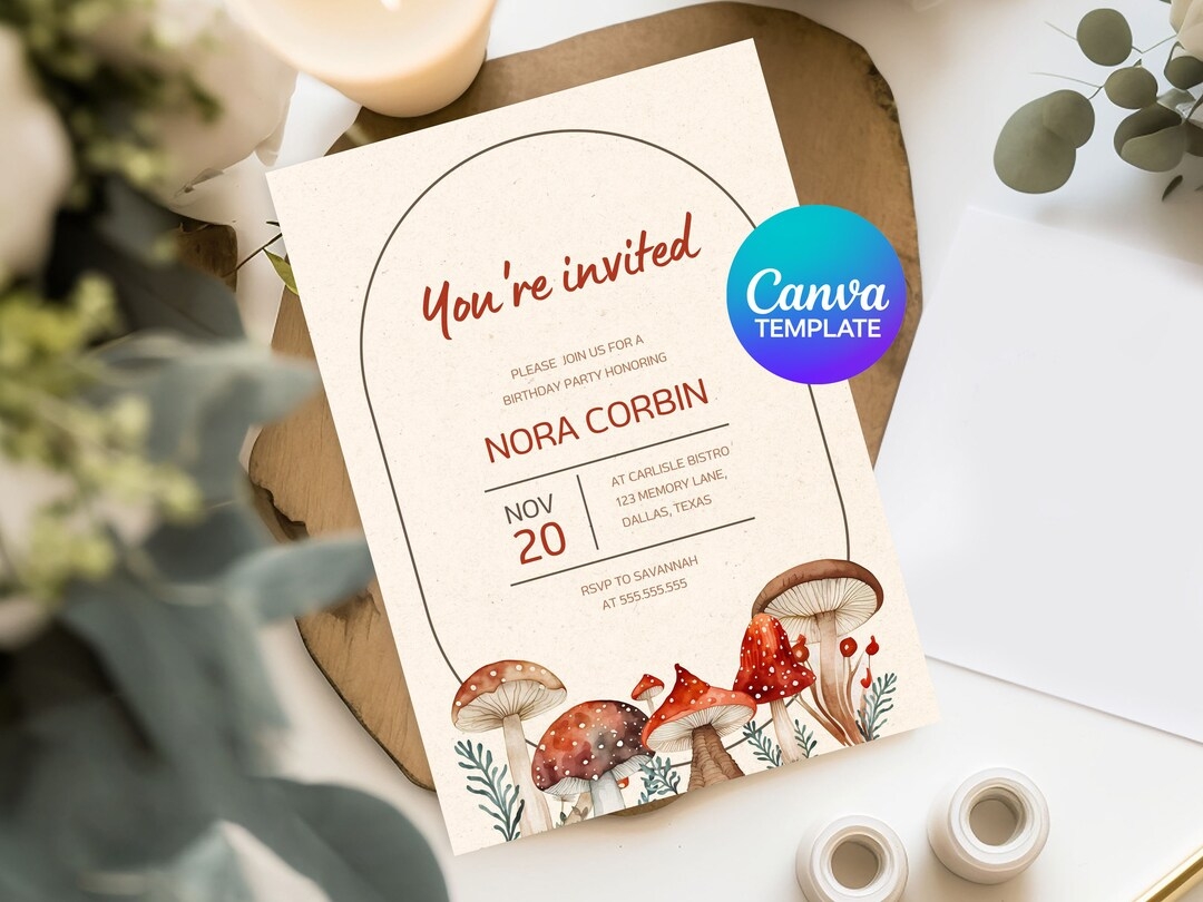 Editable Mushroom Invitation Template Birthday Canva Cottagecore 