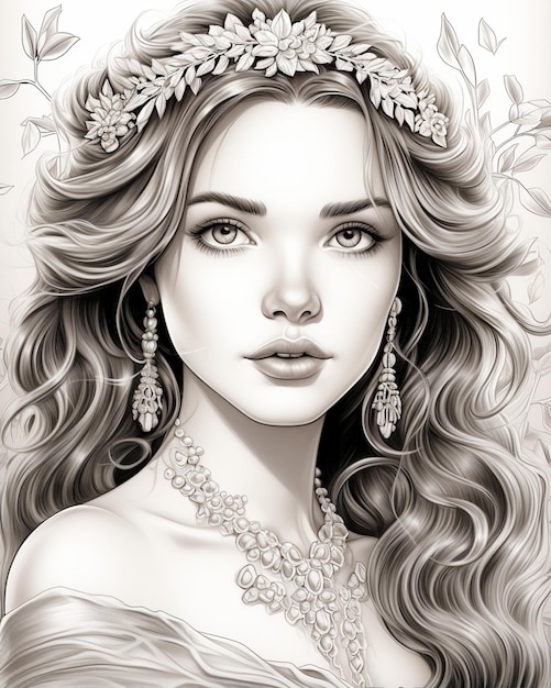 Elegant Princess Color Page For Adults Premium AI generated Image