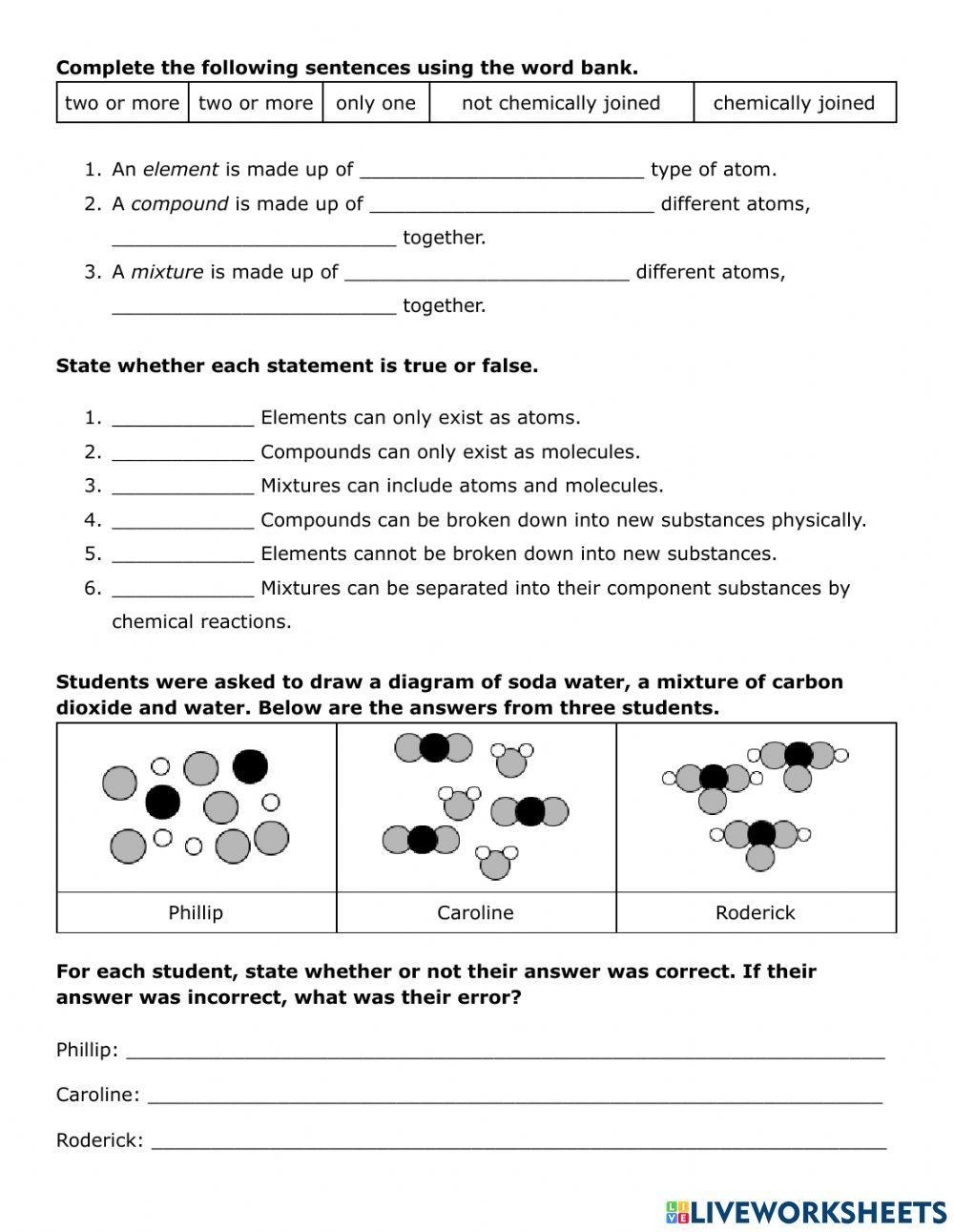 Elements Compounds And Mixtures Interactive Worksheet Live 