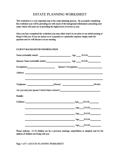 Estate Planning Worksheet James F Taylor