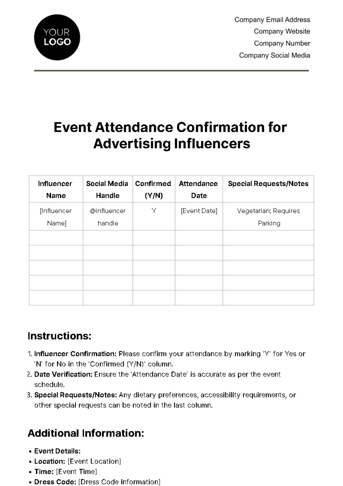Event Attendance Confirmation For Advertising Influencers Template 