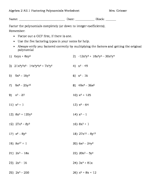 FACTORING POLYNOMIALS WORKSHEET Worksheets Library
