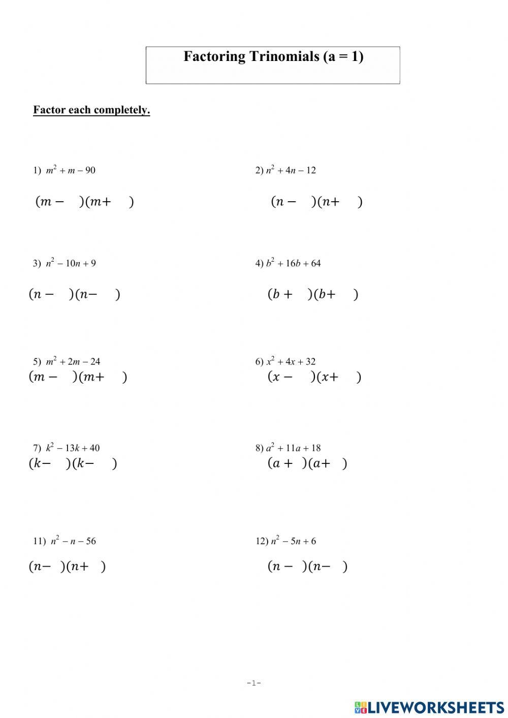 polynomial factoring worksheet