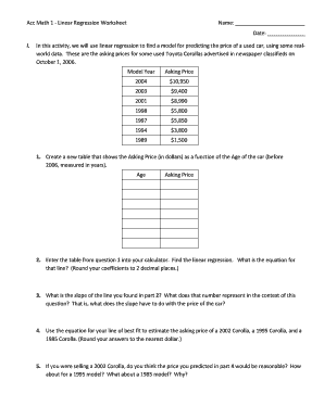 Fillable Online Acc Math 1 Linear Regression Worksheet Name
