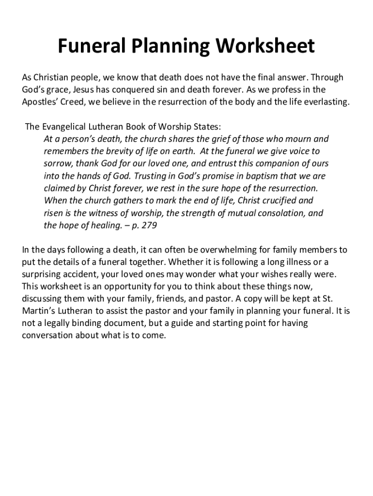 Fillable Online Funeral Planning Worksheet Fax Email Print PdfFiller