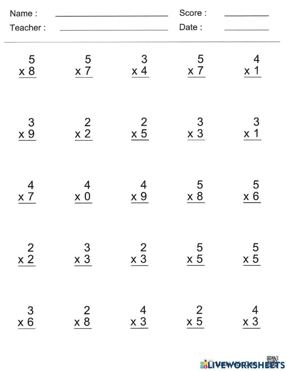 First Grade Single Digit Multiplication Exercise Worksheet Worksheets 