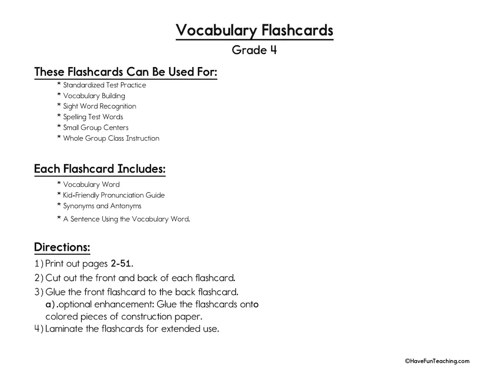 Fourth Grade Vocabulary Flash Cards By Teach Simple
