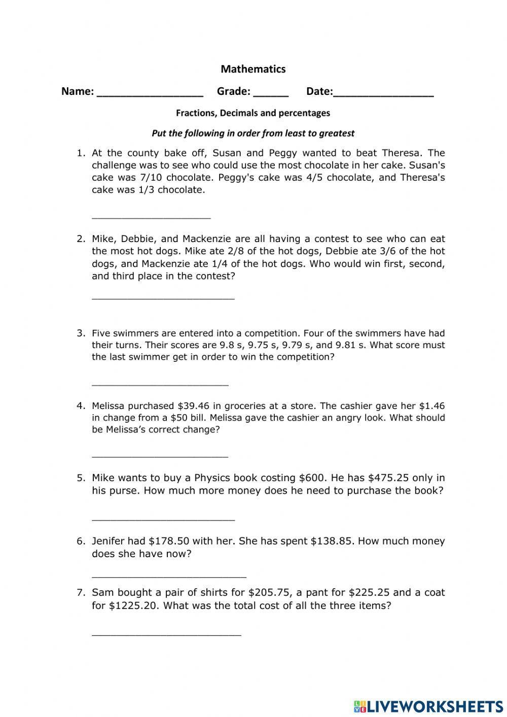 Fraction Decimal And Percentage Word Problems Worksheet Live 
