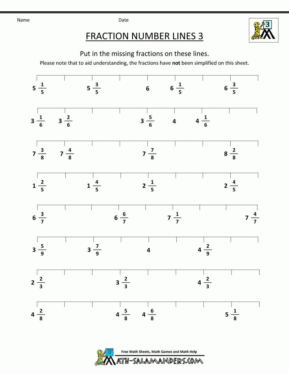 Fraction Number Line Sheets Worksheets Samples