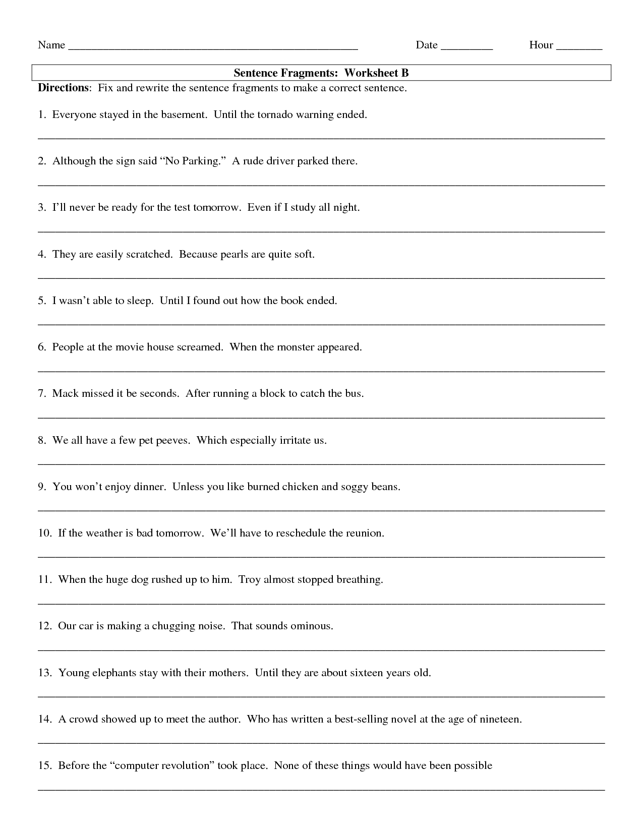 Fragments And Sentences Worksheets