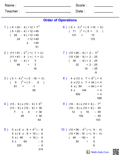 order of operation worksheet pdf