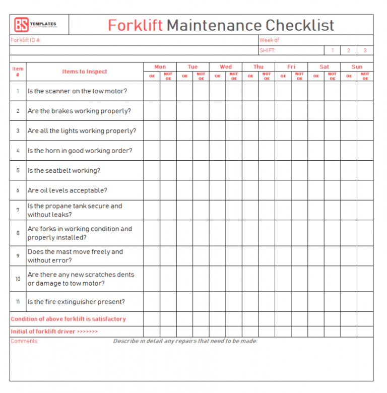 Free Checklist Template Samples Forklift Inspection Maintenance Daily 