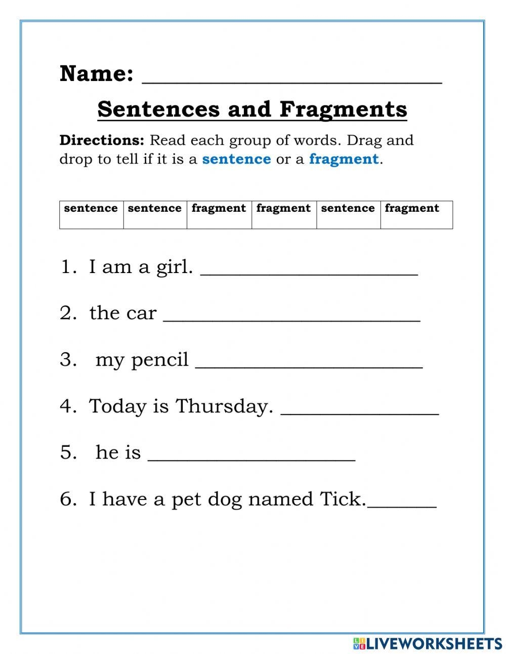 sentences and fragments worksheets