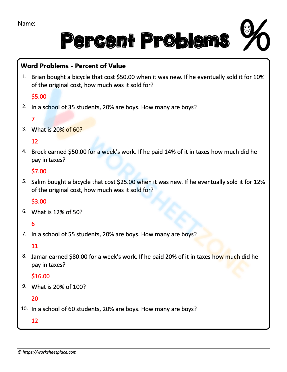 Free Percent Word Problems Worksheet Collection For Kids Worksheets 