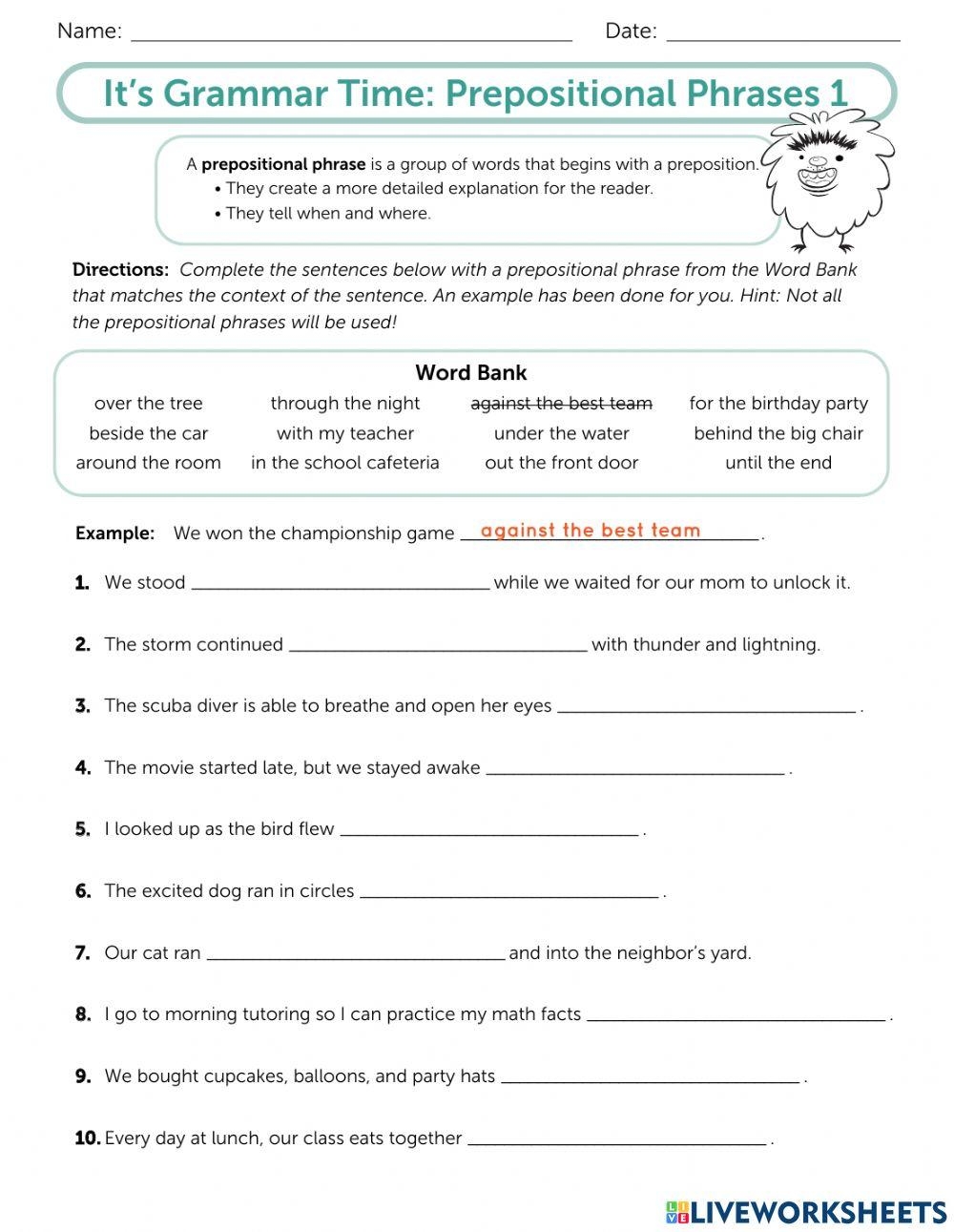 prepositions prepositional phrases worksheets