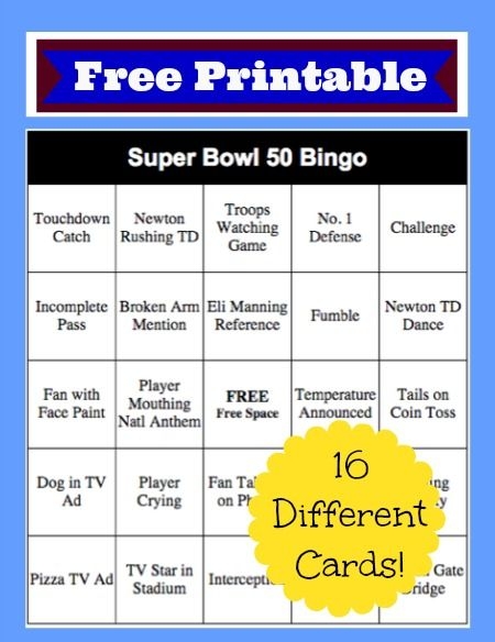 Free Printable 2016 Super Bowl Bingo Cards For A Fun filled Party