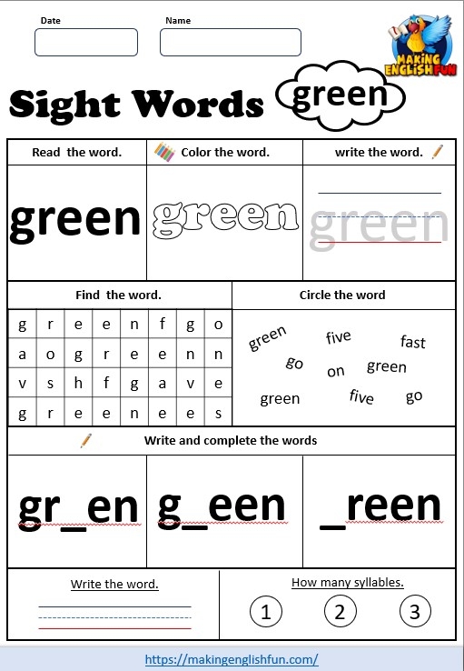 FREE Printable Grade 2 Sight Word Worksheet Green Making 