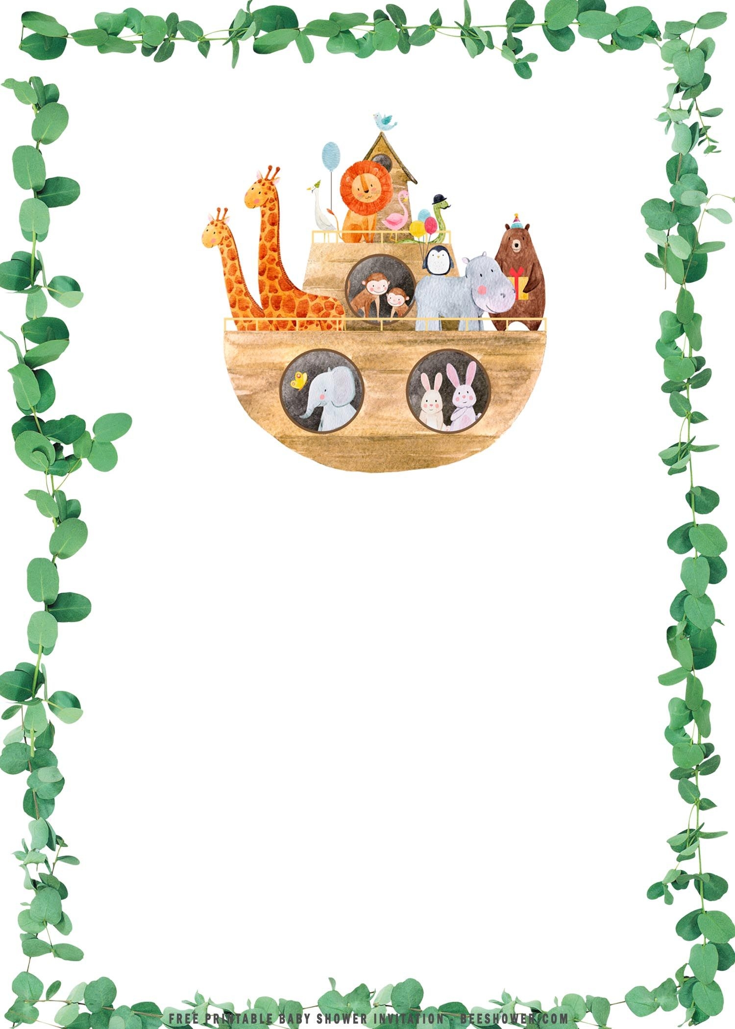 FREE Printable Greenery Noah Ark Birthday Invitation Noahs Ark